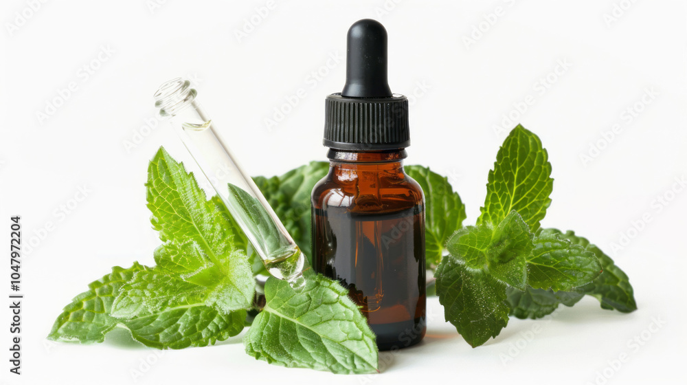 Mint leaves are isolated on a white background with minted essential oil. Mint leaves are isolated on a white background with minted essential oil.