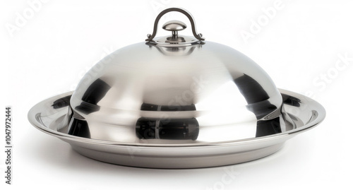 Stylish stainless steel cloche with a dome lid, perfect for serving dishes, isolated on a white background.