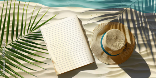 White lined notebook with a beach background, hat, and palm leaves in a cartoon illustration.