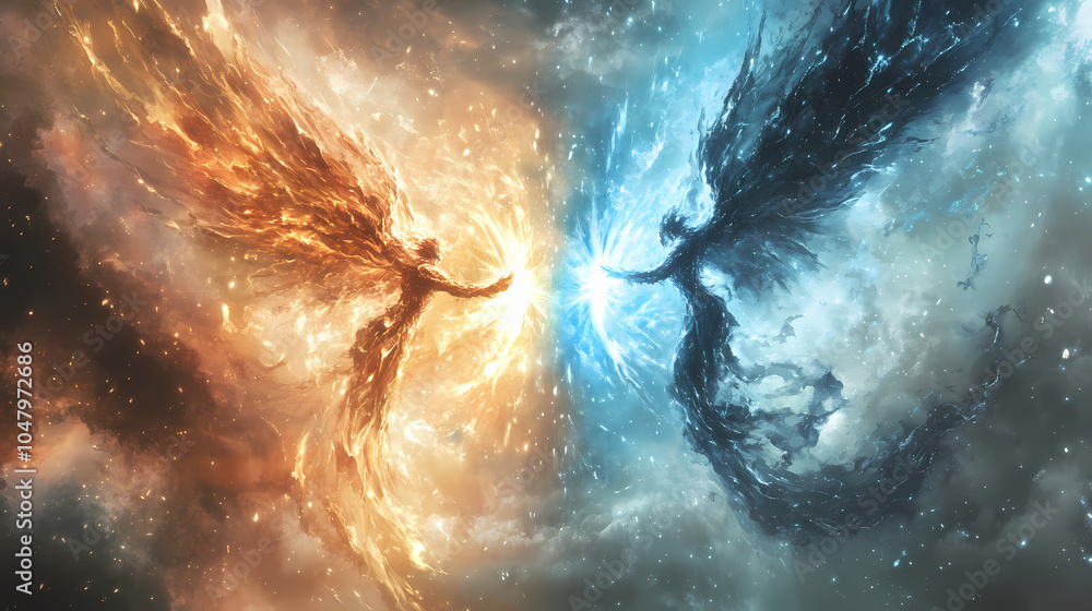 Fototapeta premium Fantasy depiction of two opposing celestial beings, one of light and the other of darkness, locked in an eternal battle, symbolizing cosmic dualism. Cosmic Battle. Illustration