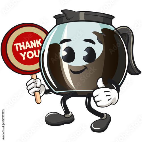 cool glass coffee pot cartoon mascot character vector illustration carrying a sign saying thank you, work of hand drawn