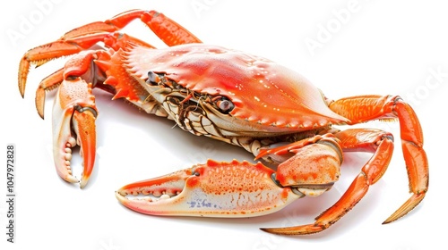 A close-up of a cooked Dungeness crab on a white background