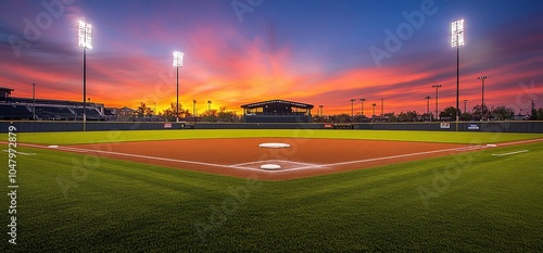 A baseball field with a red sky at sunset. photo