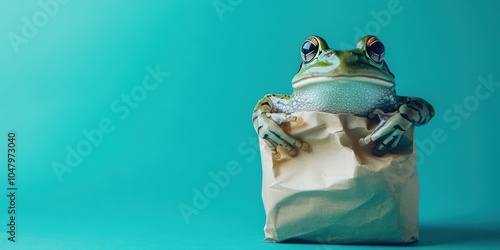 Curious Frog in a Mini Shopping Bag on Teal Background
