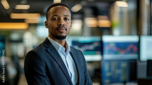 A confident South African man in his thirties dressed in a suit, stands in a modern office setting. He conveys professionalism and determination in a dynamic business environment.