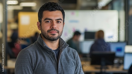 A young Hispanic male confidently poses in an office environment, showcasing a professional demeanor. His serious expression highlights focus and engagement in a modern workspace.