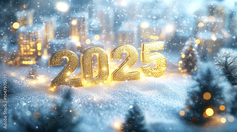 Happy new year 2025 with golden number symbol on snow winter street. 3D modern city business background banner template Happy new year 2025 with golden number symbol on snow winter street. 3D modern city business background banner template