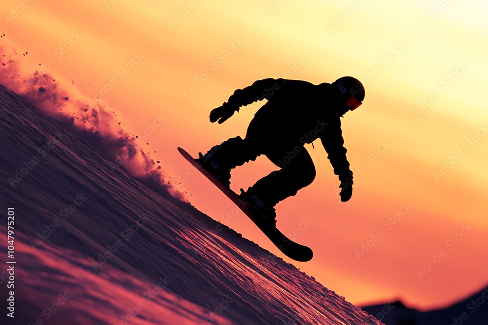 A silhouetted snowboarder performs a trick against a vibrant sunset backdrop. A silhouetted snowboarder performs a trick against a vibrant sunset backdrop.