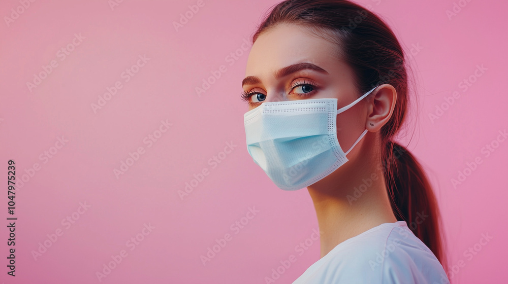 woman in protective mask on plain empty pink background woman in protective mask on plain empty pink background