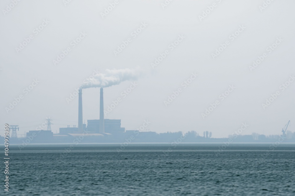 Industrial factory with smokestacks by a calm lake.generative AI
Industrial factory with smokestacks by a calm lake.generative AI