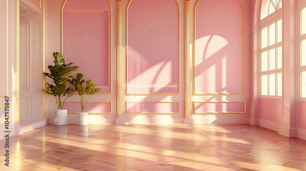 A Sunlit Room with Pink Walls, Golden Moldings, and Hardwood Floors