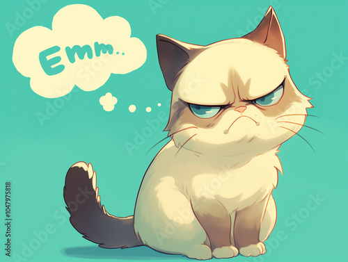 Grumpy cat with a thought bubble containing 'Emm'. photo