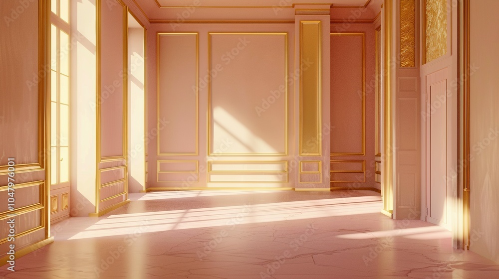 Sunlit Interior with Gold-Accented Walls and Pink Floor Sunlit Interior with Gold-Accented Walls and Pink Floor