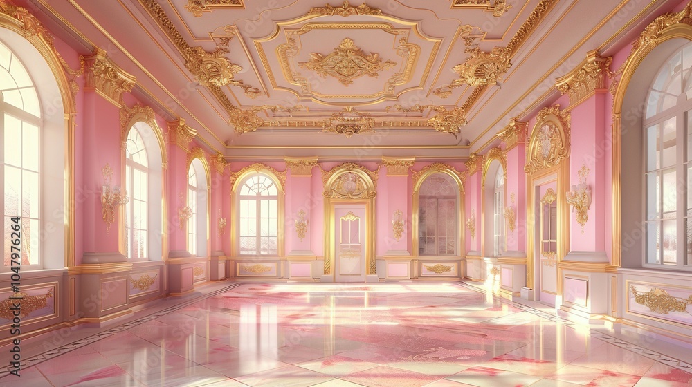 Fototapeta premium A pink and gold grand ballroom with large windows and ornate detailing