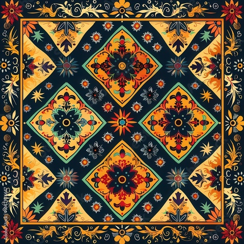 A beautifully intricate pattern showcases floral elements and geometric shapes in rich colors against a dark backdrop, creating visual harmony. Generative AI photo