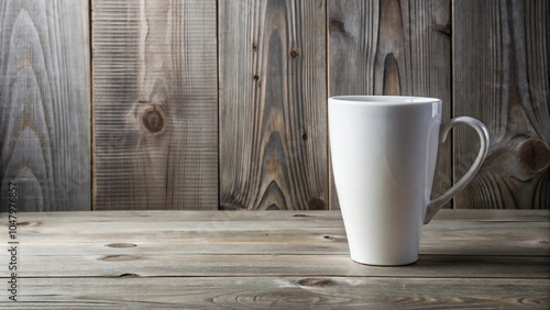 Tall big white cup mockup on wooden table