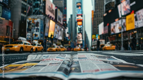 A Newspaper Lying on the Ground in Front of a Busy City Street photo