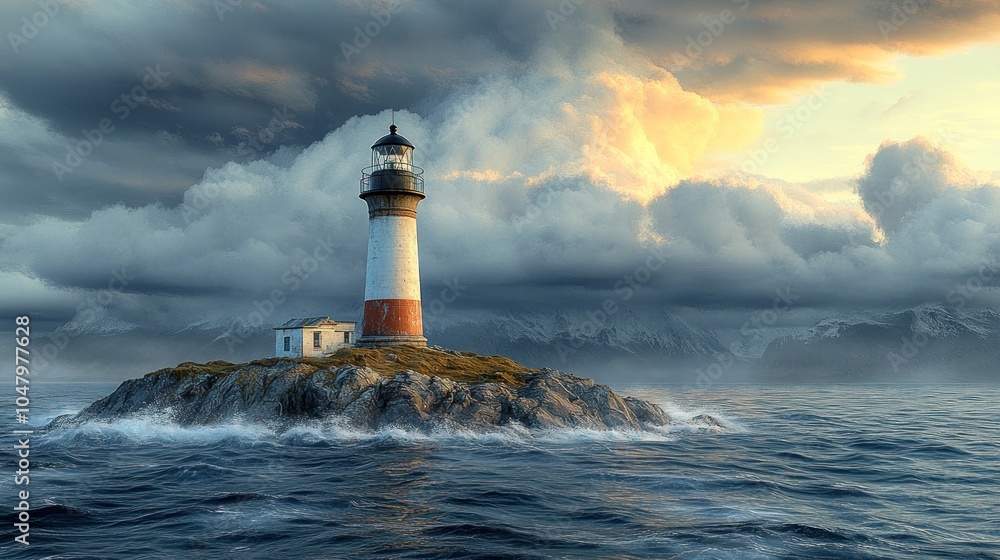 Obraz premium A serene lighthouse stands on a rocky island amidst dramatic clouds.