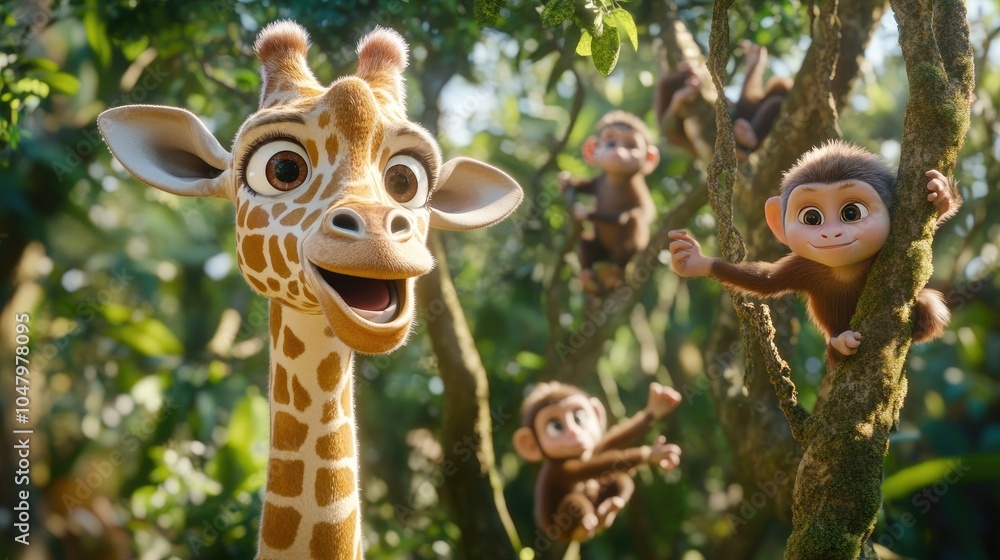 Fototapeta premium Playful Giraffe with Cheerful Monkeys in Jungle Scene