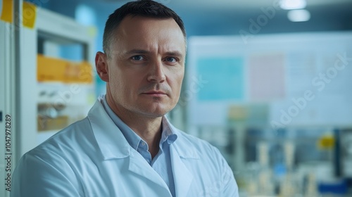 A middle-aged Russian male scientist poses in a laboratory, showcasing a serious expression. His professional attire and lab background suggest a focus on scientific research and innovation.