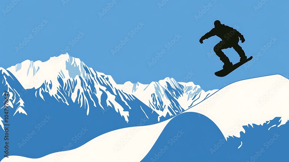 A silhouette of a snowboarder jumping against a backdrop of snowy mountains and blue sky. A silhouette of a snowboarder jumping against a backdrop of snowy mountains and blue sky.
