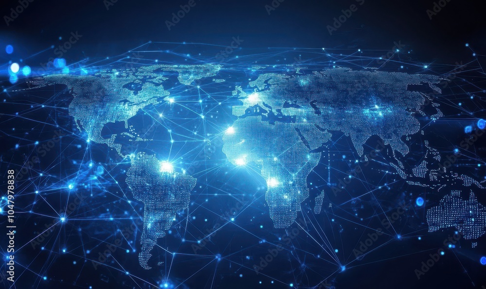 The light blue background shows a vision of global connectivity, with digital connections encircling the globe, symbolising the global convergence of technology and information flows. The light blue background shows a vision of global connectivity, with digital connections encircling the globe, symbolising the global convergence of technology and information flows.