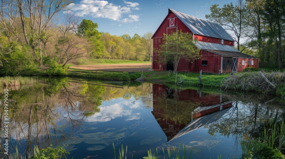 Fototapeta premium Red Barn Reflected in a Pond with Lush Greenery