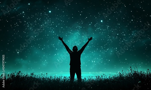 Wallpaper Mural A silhouetted figure raises arms under a starry night sky, evoking wonder and connection. Torontodigital.ca