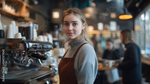 A young female barista stands at the counter of a trendy coffee shop, showcasing a warm and inviting atmosphere while preparing drinks for customers.