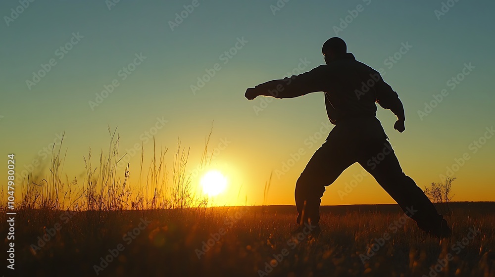 A silhouetted figure performs a martial arts stance against a sunset backdrop. A silhouetted figure performs a martial arts stance against a sunset backdrop.