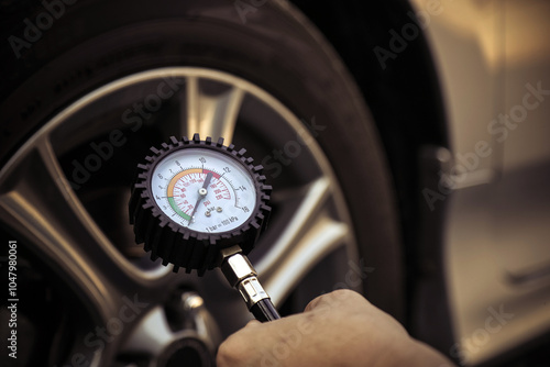 Hand car mechanic holding car tire pressure check equipment tool to checking low tire pressure inflating tires to or refill or air inflate to safety and car care service maintenance inspection.