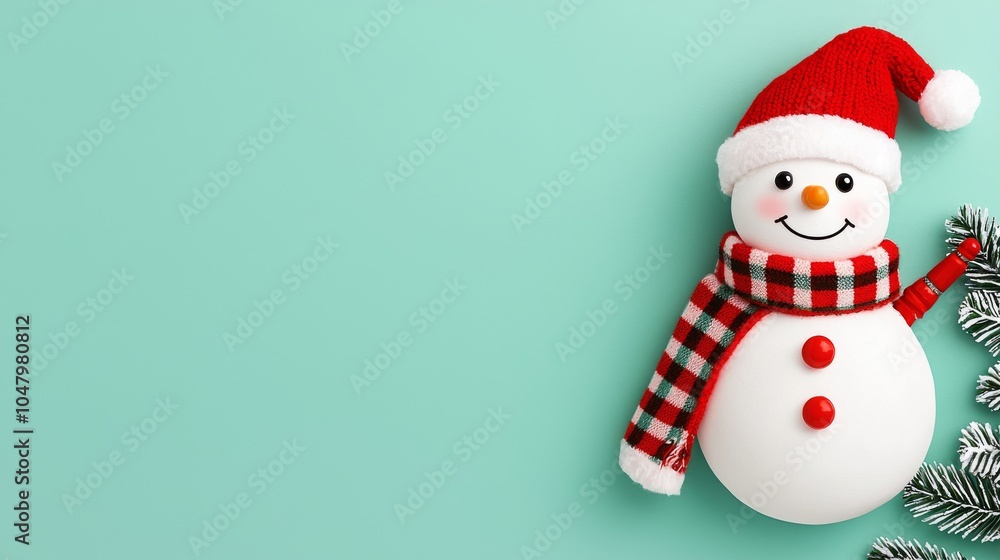 Cute Snowman with Red Hat and Scarf on Mint Green Background Cute Snowman with Red Hat and Scarf on Mint Green Background