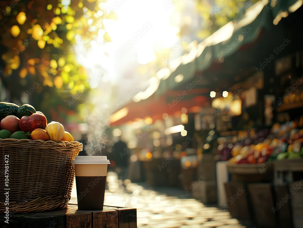 Vibrant Market Scene with Fresh Produce and Warm Coffee in the Morning Light Vibrant Market Scene with Fresh Produce and Warm Coffee in the Morning Light