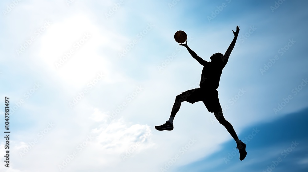 Fototapeta premium A silhouette of a person jumping with a basketball against a bright sky.