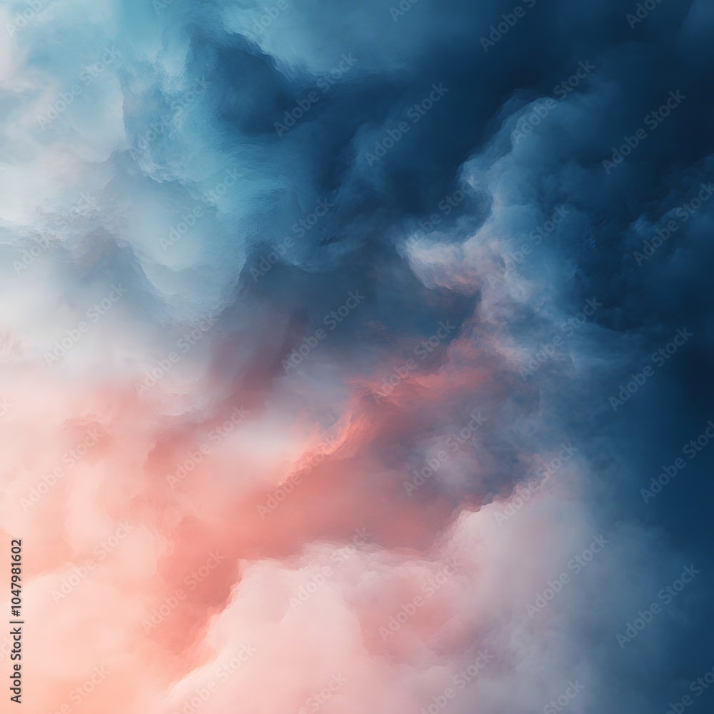 Obraz premium Abstract background with a smooth gradient from midnight blue to soft coral, featuring a misty, cloud-like texture. Deep, fluid colors create a tranquil and sophisticated atmosphere