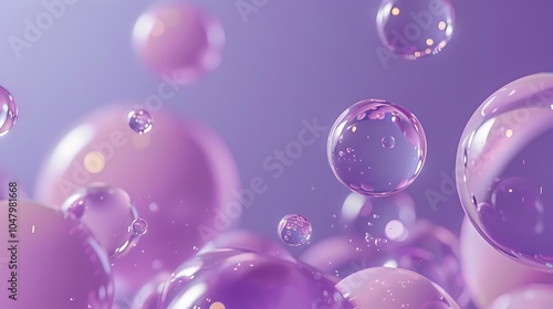 Various sized lavender pink sphere drops floating against a purple backdrop