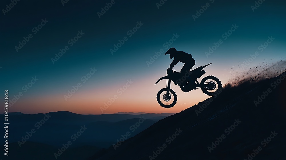 Obraz premium A silhouette of a motocross rider jumping against a colorful sunset backdrop.