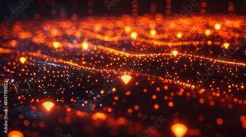 Abstract wireless network connection with glowing orange dots and signals