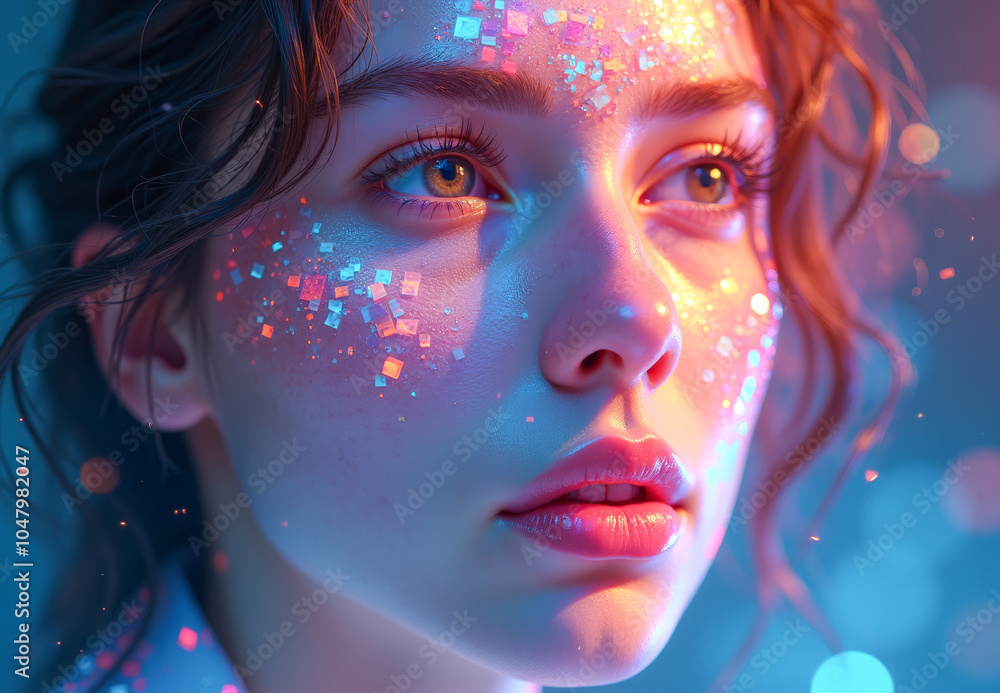 abstract face of a beautiful woman in multicolored sequins on a blue background abstract face of a beautiful woman in multicolored sequins on a blue background