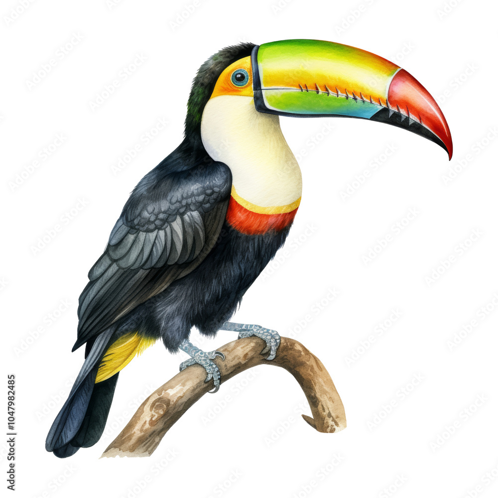 Fototapeta premium toucan on branch watercolor isolated on transparent background cutout