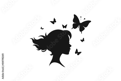 A girl and butterflies flying from hair | isolated vector silhouette illustration on white background