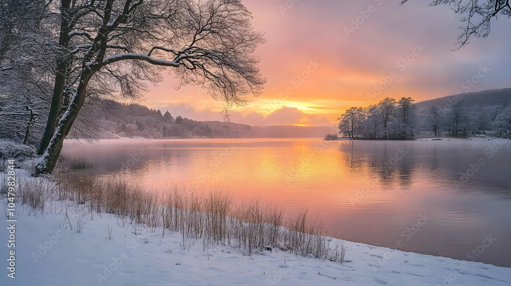 Serene Winter Sunset Over Calm Lake Reflection Serene Winter Sunset Over Calm Lake Reflection
