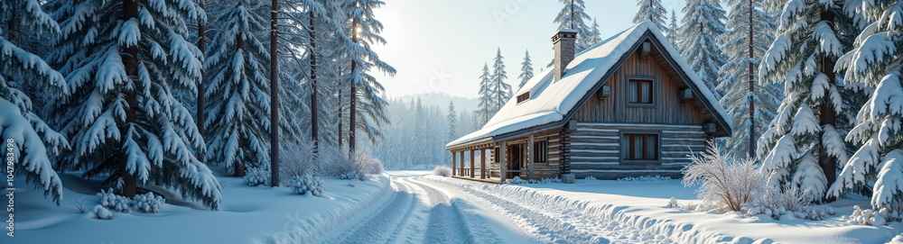 Snowy log cabin in winter forest panorama Snowy log cabin in winter forest panorama