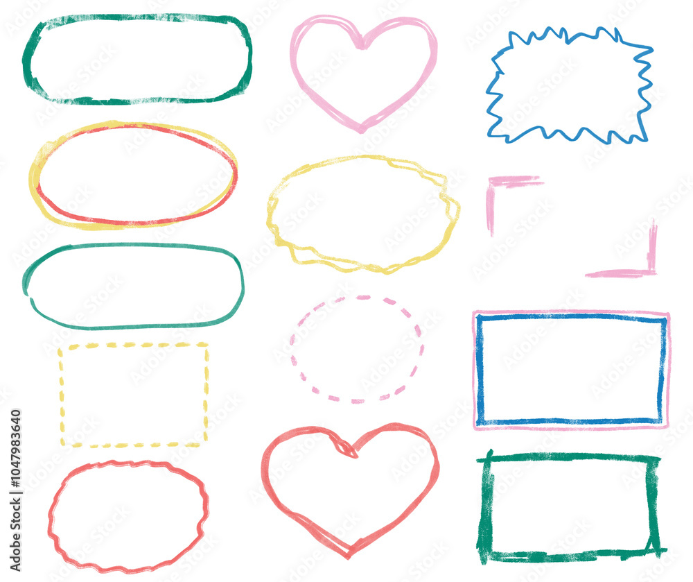 Set of Hand-drawn cute shapes, kid style, colorful box lines: doodle, pencil crayon, rough, bubble speech, borders, frames, sketching elements on a transparent background Set of Hand-drawn cute shapes, kid style, colorful box lines: doodle, pencil crayon, rough, bubble speech, borders, frames, sketching elements on a transparent background