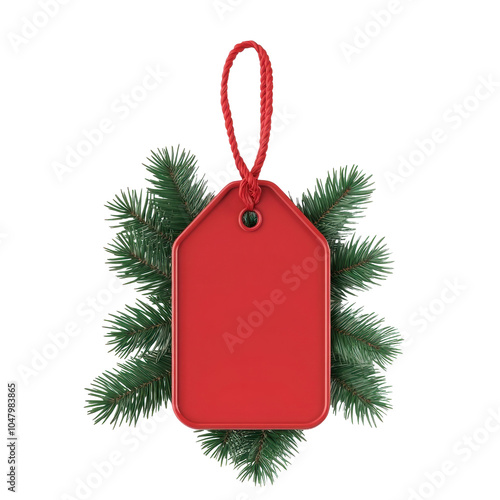 Christmas red sale tag with green fir branch 3D icon isolate on transparent background photo