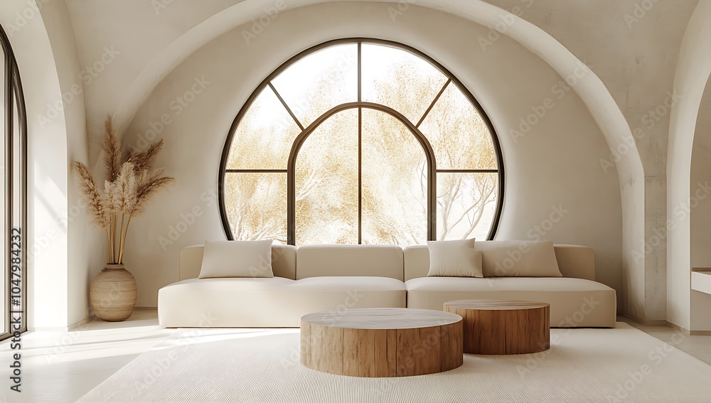 Minimalist Living Room with Elegant Arched Window and Natural Decor Minimalist Living Room with Elegant Arched Window and Natural Decor