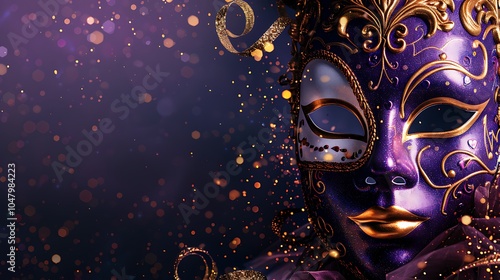 Venezia festival mask on a dark purple backdrop with sparkle and shimmering golden streamers