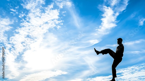 A silhouetted figure kicking against a vibrant sky with clouds.