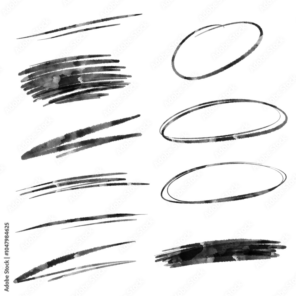A Set of wiggle circles and line art: Hand-drawn illustration of a watercolor brush stroke, rough shaky underline, sketching elements on a transparent background A Set of wiggle circles and line art: Hand-drawn illustration of a watercolor brush stroke, rough shaky underline, sketching elements on a transparent background