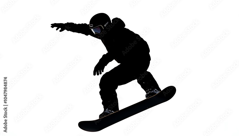 A silhouette of a snowboarder performing a jump against a white background. A silhouette of a snowboarder performing a jump against a white background.